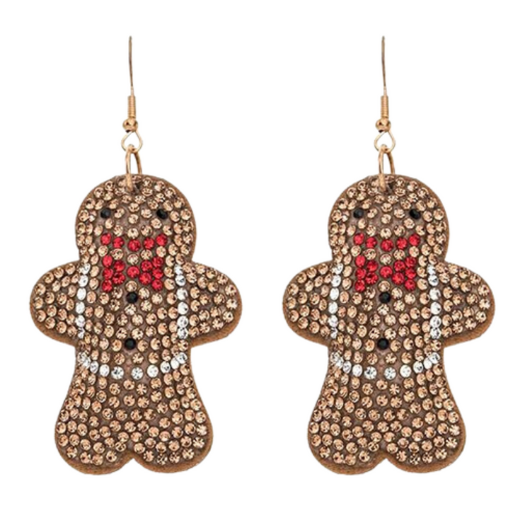 Sparkling Christmas Gingerbread Cookie Crystal Rhinestone Earrings - Holiday Statement Jewelry