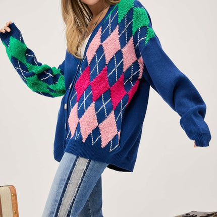 Cozy Argyle Pattern Design Button Front Loose Fit Knit Sweater Cardigan - Accessoriesforever