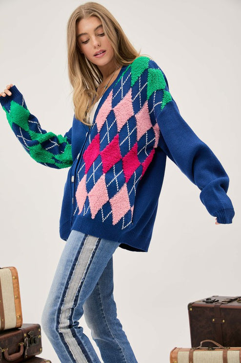 Cozy Argyle Pattern Design Button Front Loose Fit Knit Sweater Cardigan - Accessoriesforever