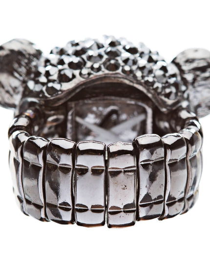 Bear Head Crystal Animal Stretch Adjustable Fashion Ring Hematite Black