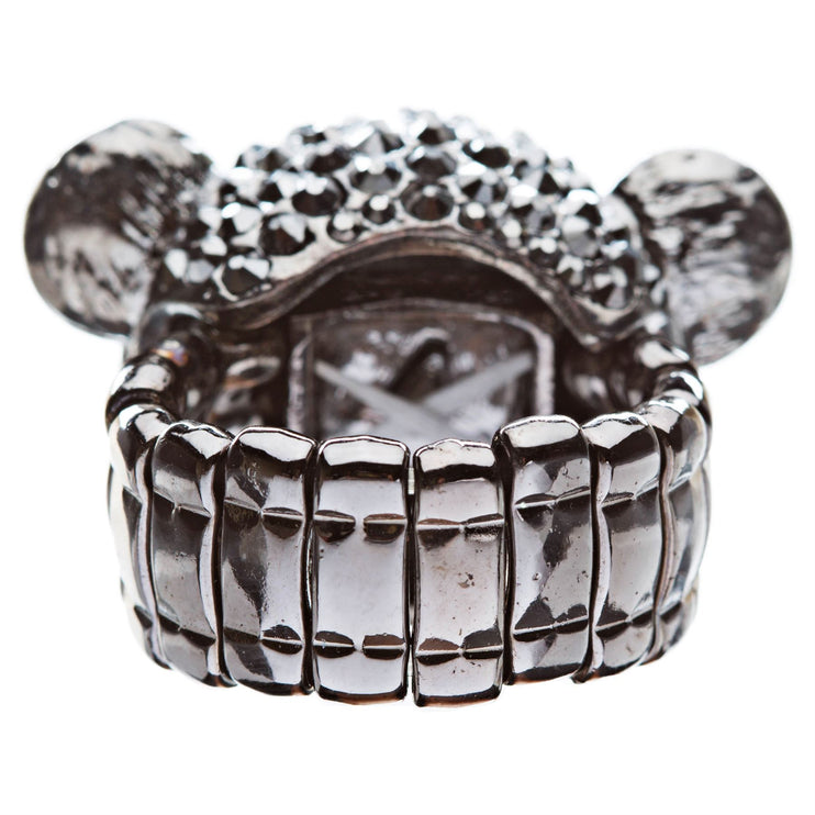 Bear Head Crystal Animal Stretch Adjustable Fashion Ring Hematite Black - Accessoriesforever