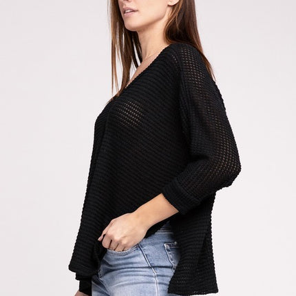 Chic Elegant Trendy 3/4 Sleeve V-Neck Hi-Low Hem Jacquard Sweater - Accessoriesforever