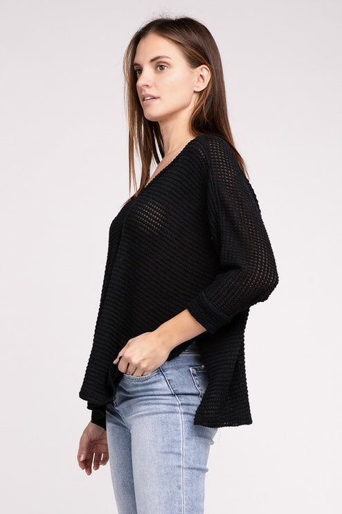 Chic Elegant Trendy 3/4 Sleeve V-Neck Hi-Low Hem Jacquard Sweater