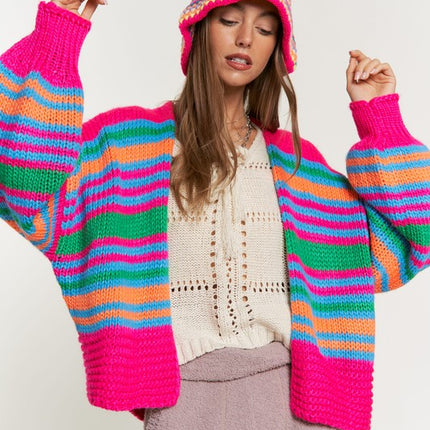 Cozy Stylish Stripe Design Open Knit Fashion Top Sweater Cardigan - Accessoriesforever