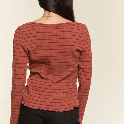 Casual Classic Button Detail Round Neck Striped Fashion Top