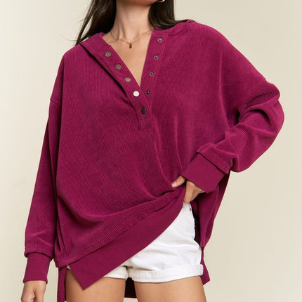 Ribbed Knit Hooded Sweatshirt with Button Detail