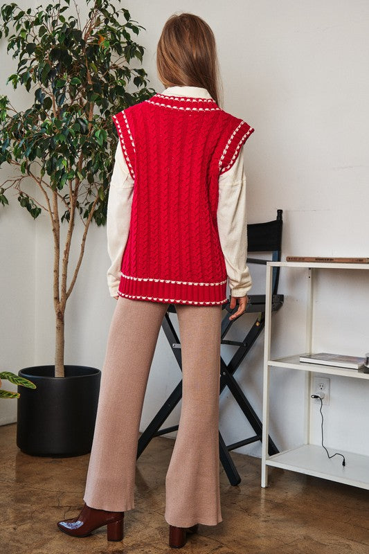 Fashion V-Neck Sleeveless Pocket Detail Design Knit Sweater Vest