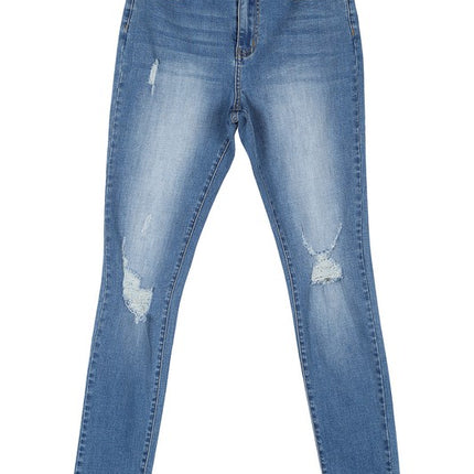 Dark wash distressed skinny jeans