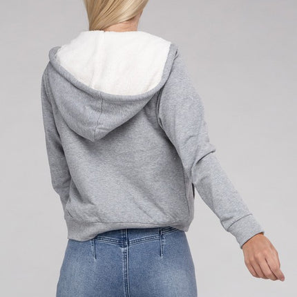 Cropped Fuzzy-Lined Zip-Up Hoodie with Long Sleeves
