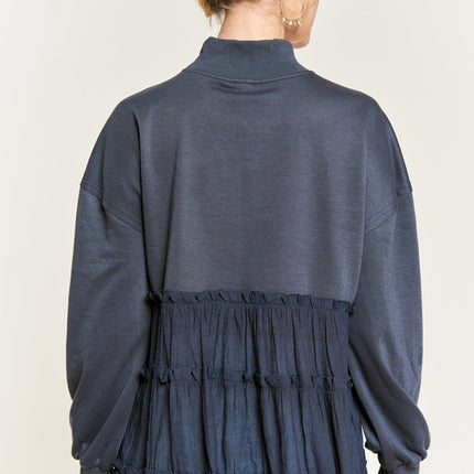 Oversized Mock Neck Tunic with Shirred Woven Tier