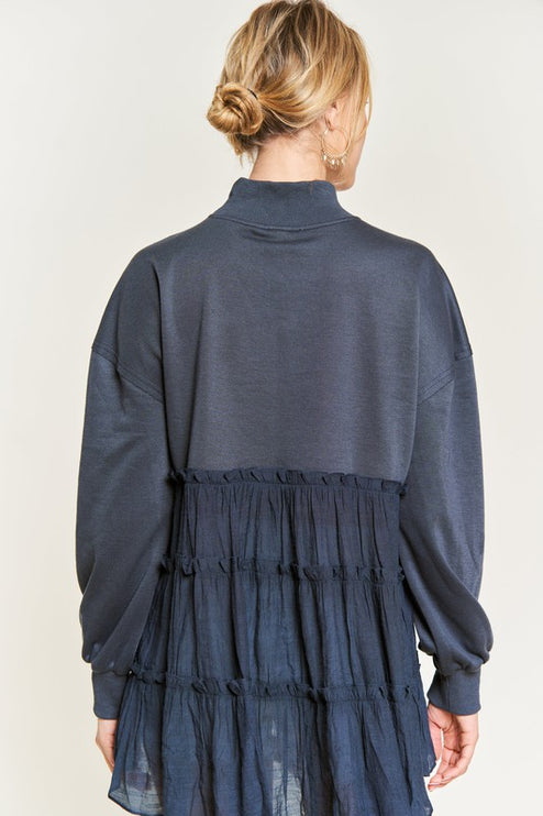 Oversized Mock Neck Tunic with Shirred Woven Tier - Accessoriesforever
