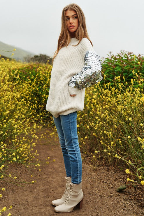 Beautiful Sequin Sleeve Design Tunic Top Knit Sweater - Accessoriesforever
