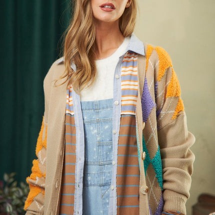 Cozy Argyle Pattern Design Button Front Loose Fit Knit Sweater Cardigan - Accessoriesforever
