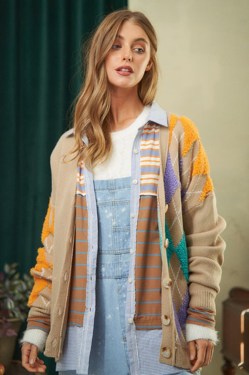 Cozy Argyle Pattern Design Button Front Loose Fit Knit Sweater Cardigan - Accessoriesforever
