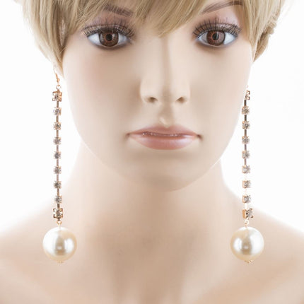 Bridal Wedding Jewelry Crystal Rhinestone Pearl Linear Drop Long Earrings Silver - Accessoriesforever