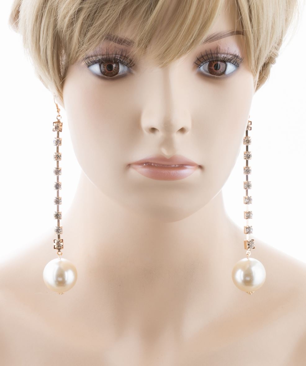 Bridal Wedding Jewelry Crystal Rhinestone Pearl Linear Drop Long Earrings Silver
