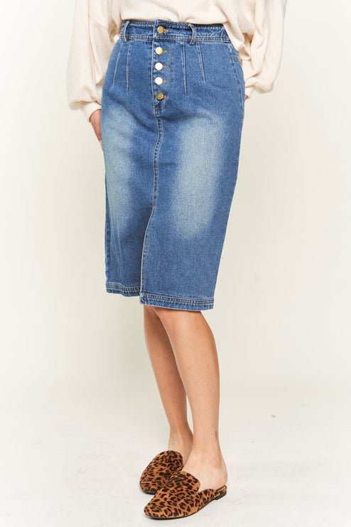 Button-Front Denim Midi Skirt with Front Slit and Elastic Waist