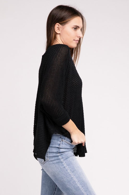 Chic Elegant Trendy 3/4 Sleeve V-Neck Hi-Low Hem Jacquard Sweater