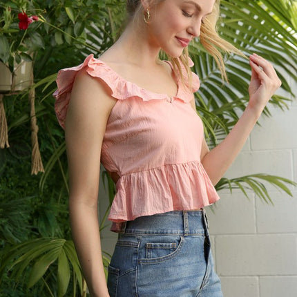 Cute Stylish Open Back Tie Ruffled Trim Flare Fashion Top Pink - Accessoriesforever
