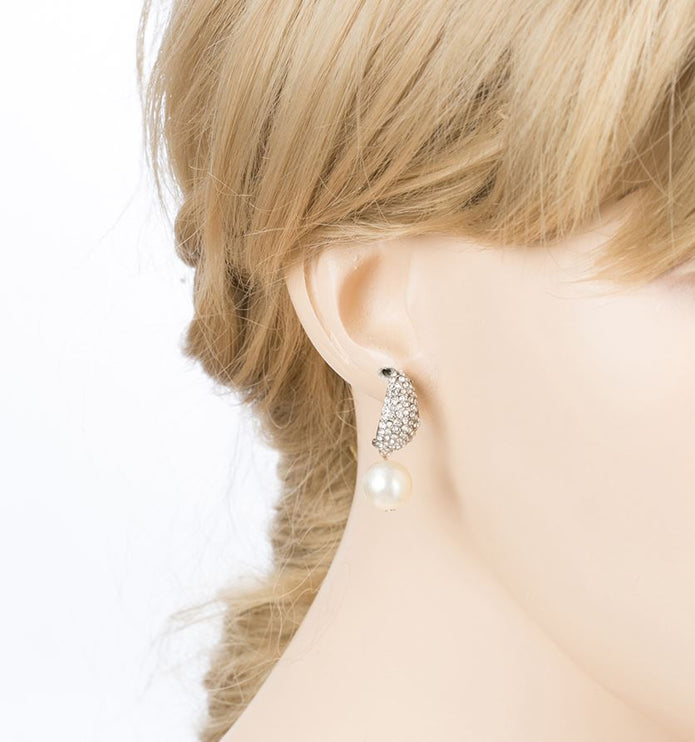 Bridal Wedding Crystal Rhinestone Pearl Drop Dangle Earrings Silver Clear White - Accessoriesforever