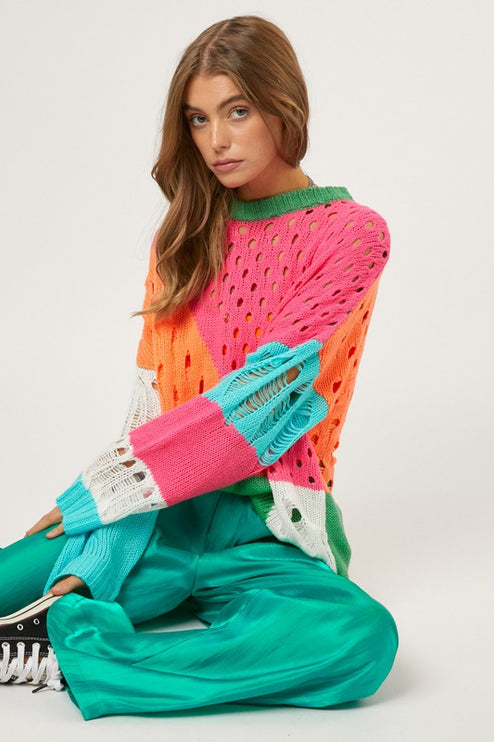 Colorful Open Knit Design Detailed Pullover Fashion Top Sweater