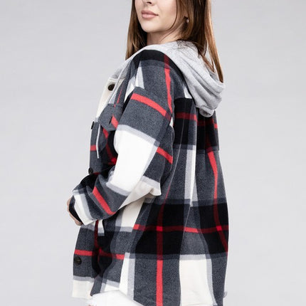 Comfy Casual Plaid Drawstring Hooded Fleece Shacket - Accessoriesforever