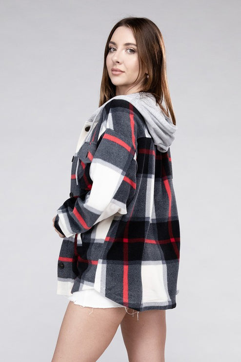 Comfy Casual Plaid Drawstring Hooded Fleece Shacket