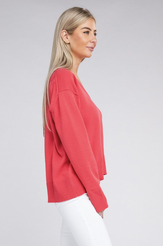 Simple Classic Casual Solid V-neck Long Sleeve Fashion Top Sweater