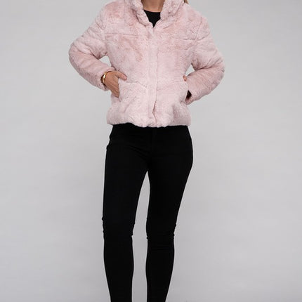 Fluffy Zip-Up Sweater Jacket with Collar and Pockets