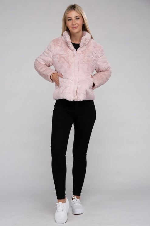 Fluffy Zip-Up Sweater Jacket with Collar and Pockets
