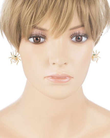 Halloween Costume Jewelry Spider Crystal Pearl Dangle Charm Earring Gold White
