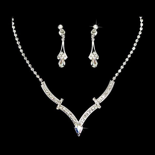 Bridal Wedding Jewelry Set Crystal Rhinestone Simple Curved V Drop Necklace CL