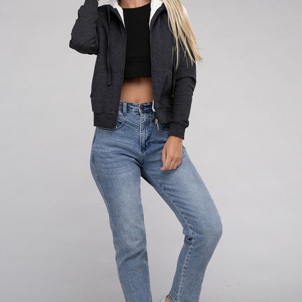 Cropped Fuzzy-Lined Zip-Up Hoodie with Long Sleeves