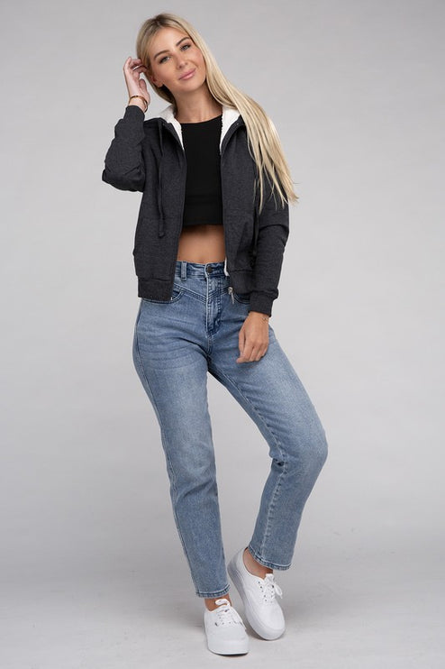 Cropped Fuzzy-Lined Zip-Up Hoodie with Long Sleeves