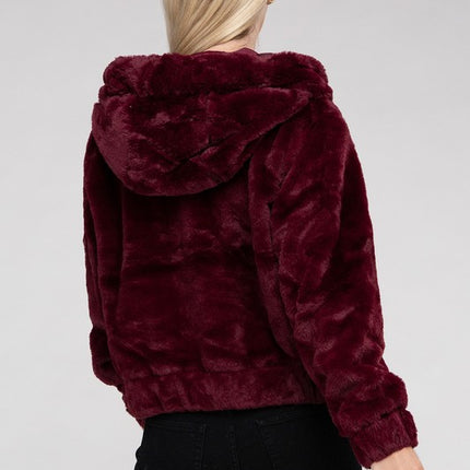 Plush Cropped Teddy Hoodie with Zip-Up Front and Drawstring Hood