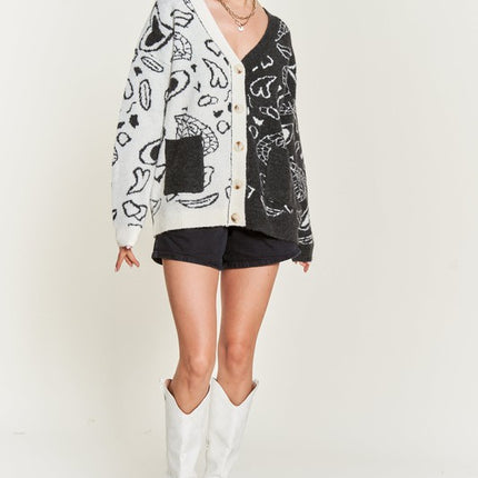 Oversized Heart Paisley Button-Down Sweater Cardigan with Color Block