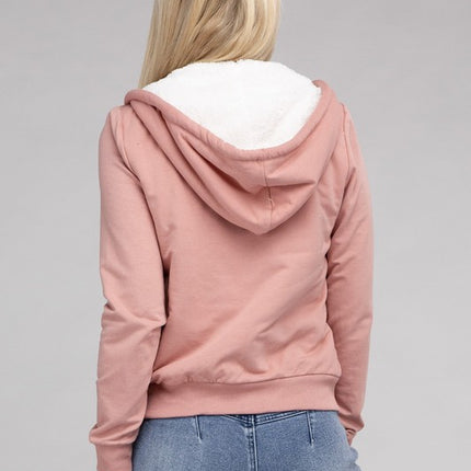 Cropped Fuzzy-Lined Zip-Up Hoodie with Long Sleeves