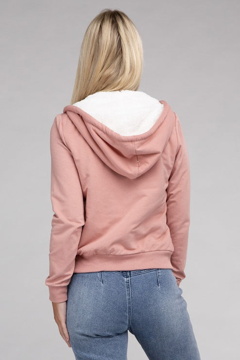 Cropped Fuzzy-Lined Zip-Up Hoodie with Long Sleeves