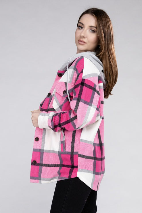 Comfy Casual Plaid Drawstring Hooded Fleece Shacket