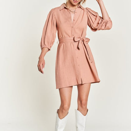 Chic Half Sleeve Balloon Sleeve Button-Down Belted Dress