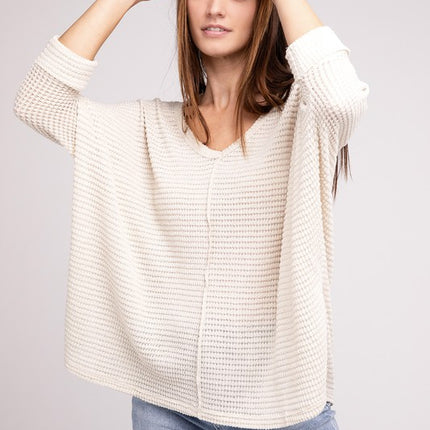 Chic Elegant Trendy 3/4 Sleeve V-Neck Hi-Low Hem Jacquard Sweater - Accessoriesforever