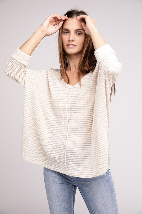 Chic Elegant Trendy 3/4 Sleeve V-Neck Hi-Low Hem Jacquard Sweater - Accessoriesforever