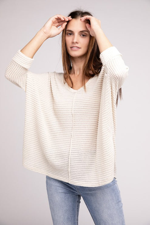 Chic Elegant Trendy 3/4 Sleeve V-Neck Hi-Low Hem Jacquard Sweater