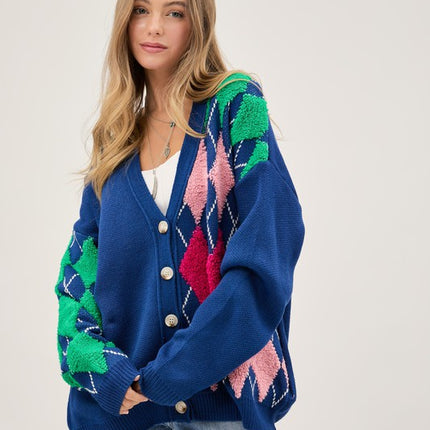 Cozy Argyle Pattern Design Button Front Loose Fit Knit Sweater Cardigan - Accessoriesforever