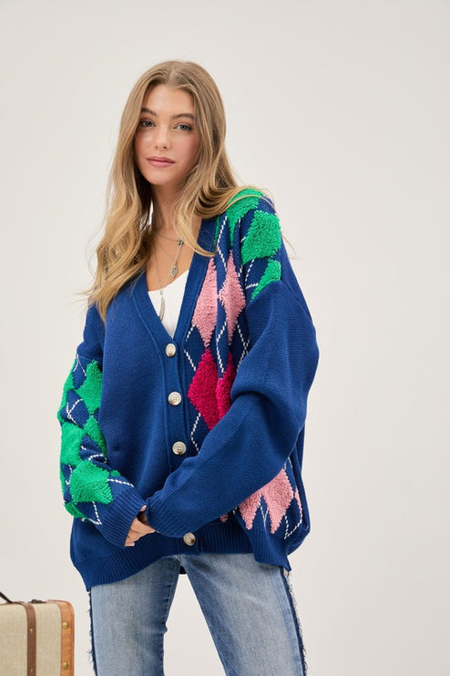 Cozy Argyle Pattern Design Button Front Loose Fit Knit Sweater Cardigan - Accessoriesforever