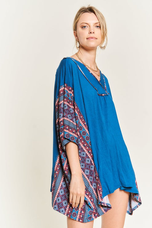 Boho Chic Blue V-Neck Tunic with Stitch Detail - Accessoriesforever