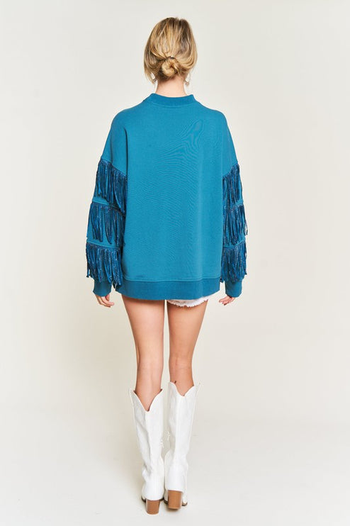 Western-Inspired Oversized Pullover with Suede Fringe and Stud Trim - Accessoriesforever
