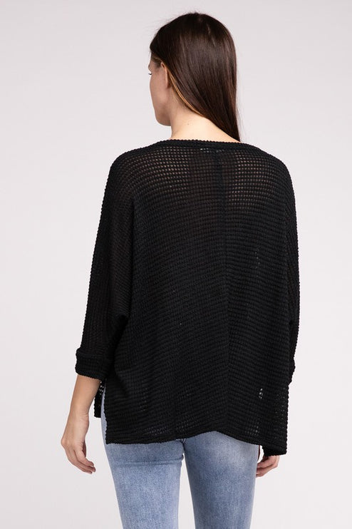 Chic Elegant Trendy 3/4 Sleeve V-Neck Hi-Low Hem Jacquard Sweater