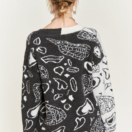 Oversized Heart Paisley Button-Down Sweater Cardigan with Color Block