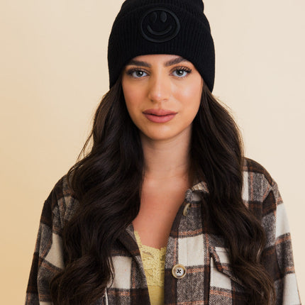 Cozy Happy Face Embroidered Hat Ribbed Knit Beanie